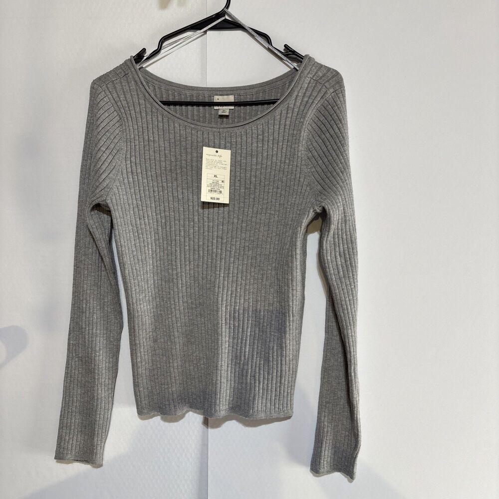 a new day Women XL Gray Ribbed Long Sleeve Top Sweater Tight crew NWT Chest 32"